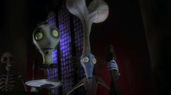 Movie still from “Corpse Bride” (2005), directed by Tim Burton – View of some strange looking characters; Medium shot, Low angle