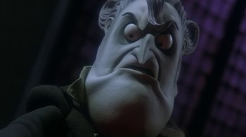 Movie still from “Corpse Bride” (2005), directed by Tim Burton – The face of a cartoon character; Close Up shot, Low angle