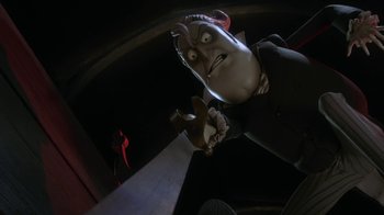Movie still from “Corpse Bride” (2005), directed by Tim Burton – The head of a cartoon character; Medium shot, Low angle