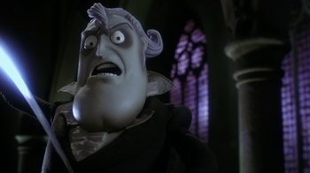 Movie still from “Corpse Bride” (2005), directed by Tim Burton – The head of a cartoon character; Close Up shot, Low angle