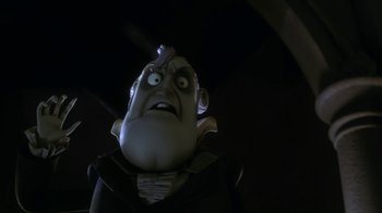 Movie still from “Corpse Bride” (2005), directed by Tim Burton – The head of a cartoon character; Close Up shot, Low angle