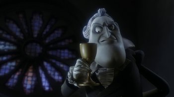 Movie still from “Corpse Bride” (2005), directed by Tim Burton – A character holding a goblet; Close Up shot, Low angle
