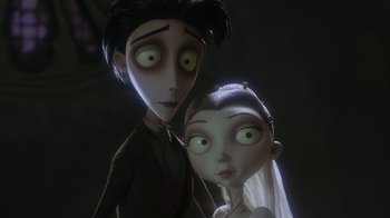 Movie still from “Corpse Bride” (2005), directed by Tim Burton – A couple of dolls; Close Up shot, Low angle