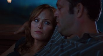 Movie still from “Couples Retreat” (2009), directed by Peter Billingsley – A man and a woman sitting next to each other; Close Up shot, Over the shoulder angle