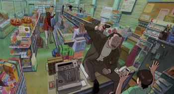 Movie still from “Cowboy Bebop: The Movie” (2001), directed by Yoshiyuki Takei – An animated scene of a man holding a gun in a grocery store; Wide shot, High angle
