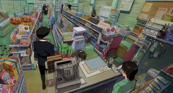 Movie still from “Cowboy Bebop: The Movie” (2001), directed by Yoshiyuki Takei – An illustration of people in a grocery store; Extreme Wide shot, High angle