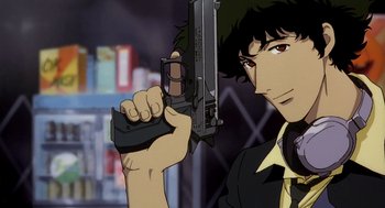 Movie still from “Cowboy Bebop: The Movie” (2001), directed by Yoshiyuki Takei – A man holding a gun up to his face; Close Up shot, Low angle