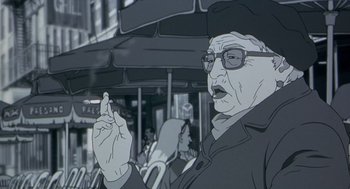 Movie still from “Cowboy Bebop: The Movie” (2001), directed by Yoshiyuki Takei – An old man smoking a cigarette while sitting on a bus; Close Up shot, Low angle