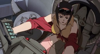 Movie still from “Cowboy Bebop: The Movie” (2001), directed by Yoshiyuki Takei – An animated woman in a red shirt and a red jacket; Medium shot, Low angle
