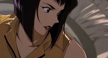 Movie still from “Cowboy Bebop: The Movie” (2001), directed by Yoshiyuki Takei – An animated woman with long black hair looking at the camera; Close Up shot, Low angle