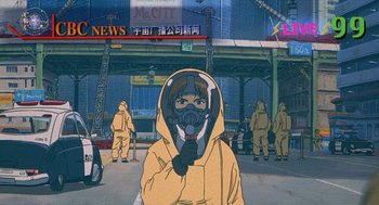 Movie still from “Cowboy Bebop: The Movie” (2001), directed by Yoshiyuki Takei – A person wearing a gas mask in front of a building; Extreme Close Up shot, Low angle
