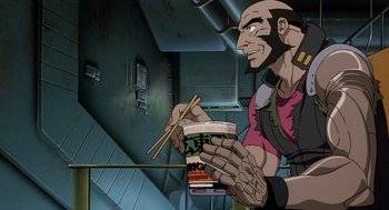 Movie still from “Cowboy Bebop: The Movie” (2001), directed by Yoshiyuki Takei – An animated man holding a bowl of noodles; Medium shot, Low angle