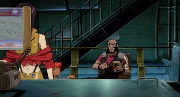 Movie still from “Cowboy Bebop: The Movie” (2001), directed by Yoshiyuki Takei – A man sitting on the ground in front of a staircase; Medium shot, Low angle