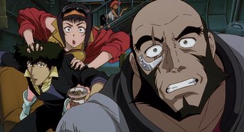 Movie still from “Cowboy Bebop: The Movie” (2001), directed by Yoshiyuki Takei – An animated scene of a man and a woman eating; Close Up shot, Low angle