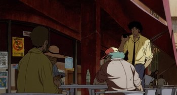 Movie still from “Cowboy Bebop: The Movie” (2001), directed by Yoshiyuki Takei – A group of people sitting at a table in front of a building; Medium shot, Low angle