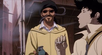 Movie still from “Cowboy Bebop: The Movie” (2001), directed by Yoshiyuki Takei – An animated man in a yellow shirt holding a cigarette; Close Up shot, Low angle