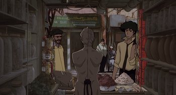 Movie still from “Cowboy Bebop: The Movie” (2001), directed by Yoshiyuki Takei – A group of people standing around a market; Wide shot, Low angle