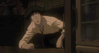 Movie still from “Cowboy Bebop: The Movie” (2001), directed by Yoshiyuki Takei – A man is laying on the ground in the dark; Medium shot, Low angle