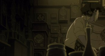 Movie still from “Cowboy Bebop: The Movie” (2001), directed by Yoshiyuki Takei – A man sitting on a chair in front of a wall of clocks; Medium shot, Low angle