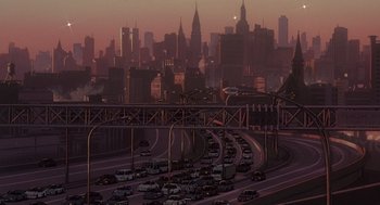 Movie still from “Cowboy Bebop: The Movie” (2001), directed by Yoshiyuki Takei – A view of a busy city at sunset; Extreme Wide shot, High angle