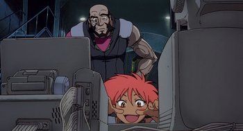 Movie still from “Cowboy Bebop: The Movie” (2001), directed by Yoshiyuki Takei – An old man and a young boy looking at computers; Medium shot, Low angle