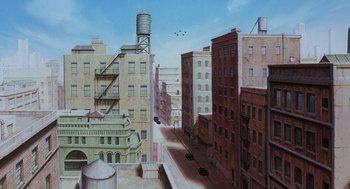 Movie still from “Cowboy Bebop: The Movie” (2001), directed by Yoshiyuki Takei – An oil painting of an urban area with buildings and water towers; Extreme Wide shot, High angle