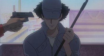 Movie still from “Cowboy Bebop: The Movie” (2001), directed by Yoshiyuki Takei – A man holding a stick in front of a camera; Close Up shot, Low angle