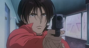 Movie still from “Cowboy Bebop: The Movie” (2001), directed by Yoshiyuki Takei – A man holding a gun while wearing a red shirt; Close Up shot, Low angle