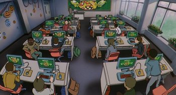 Movie still from “Cowboy Bebop: The Movie” (2001), directed by Yoshiyuki Takei – A classroom filled with students using computers and laptops; Extreme Wide shot, High angle