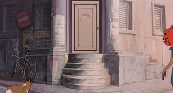 Movie still from “Cowboy Bebop: The Movie” (2001), directed by Yoshiyuki Takei – A painting of steps leading up to a door; Wide shot, Low angle