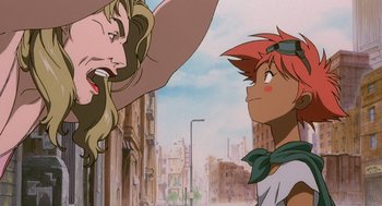 Movie still from “Cowboy Bebop: The Movie” (2001), directed by Yoshiyuki Takei – Two people are looking at each other in a city; Close Up shot, Low angle