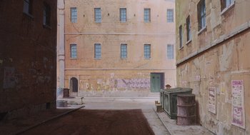 Movie still from “Cowboy Bebop: The Movie” (2001), directed by Yoshiyuki Takei – A painting of an empty street with graffiti on the wall; Extreme Wide shot, High angle