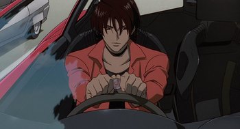 Movie still from “Cowboy Bebop: The Movie” (2001), directed by Yoshiyuki Takei – A man sitting in the driver's seat of a car holding a steering wheel; Close Up shot, Low angle