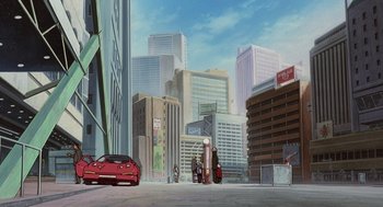 Movie still from “Cowboy Bebop: The Movie” (2001), directed by Yoshiyuki Takei – A red car is parked on the side of the road; Extreme Wide shot, Low angle