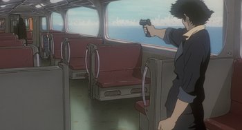 Movie still from “Cowboy Bebop: The Movie” (2001), directed by Yoshiyuki Takei – A person holding a gun on a train; Medium shot, High angle