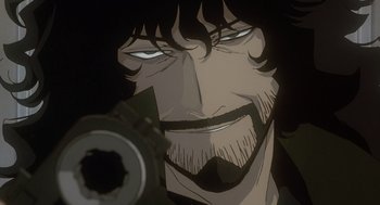 Movie still from “Cowboy Bebop: The Movie” (2001), directed by Yoshiyuki Takei – A person with a gun in his mouth; Close Up shot, Low angle