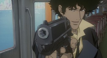 Movie still from “Cowboy Bebop: The Movie” (2001), directed by Yoshiyuki Takei – A man holding a gun while standing next to a window; Close Up shot, Low angle