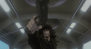 Movie still from “Cowboy Bebop: The Movie” (2001), directed by Yoshiyuki Takei – A man holding a gun up to his head; Close Up shot, Low angle