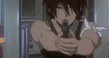 Movie still from “Cowboy Bebop: The Movie” (2001), directed by Yoshiyuki Takei – A man holding a gun while wearing a tank top; Close Up shot, Low angle