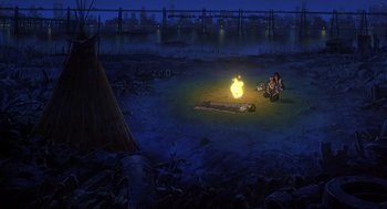 Movie still from “Cowboy Bebop: The Movie” (2001), directed by Yoshiyuki Takei – An image of a person sitting on the ground in the dark; Extreme Wide shot, High angle