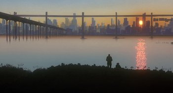 Movie still from “Cowboy Bebop: The Movie” (2001), directed by Yoshiyuki Takei – A man standing next to a body of water; Extreme Wide shot, Low angle