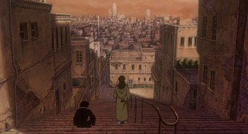 Movie still from “Cowboy Bebop: The Movie” (2001), directed by Yoshiyuki Takei – An illustration of two people sitting on the steps of a city; Extreme Wide shot, High angle