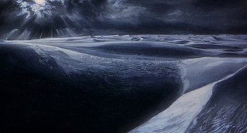 Movie still from “Cowboy Bebop: The Movie” (2001), directed by Yoshiyuki Takei – A painting of a dark sky and a beach with waves; Extreme Wide shot, High angle