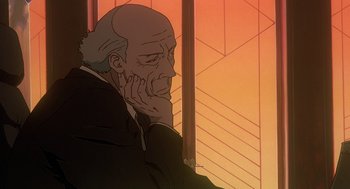 Movie still from “Cowboy Bebop: The Movie” (2001), directed by Yoshiyuki Takei – An old man sitting in front of a window with his hand under his chin; Close Up shot, Low angle