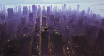 Movie still from “Cowboy Bebop: The Movie” (2001), directed by Yoshiyuki Takei – An aerial view of a large city with skyscrapers; Extreme Wide shot, Overhead angle