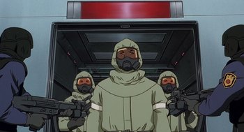 Movie still from “Cowboy Bebop: The Movie” (2001), directed by Yoshiyuki Takei – A group of men in gas masks are standing in front of an exit sign; Medium shot, Low angle