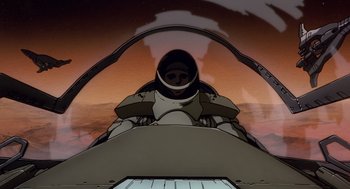 Movie still from “Cowboy Bebop: The Movie” (2001), directed by Yoshiyuki Takei – An image of a person in a fighter jet; Wide shot, Low angle