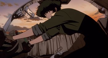 Movie still from “Cowboy Bebop: The Movie” (2001), directed by Yoshiyuki Takei – A person riding a bike on top of a road; Medium shot, Low angle