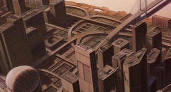 Movie still from “Cowboy Bebop: The Movie” (2001), directed by Yoshiyuki Takei – An aerial view of a city with buildings and roads; Extreme Wide shot, Overhead angle