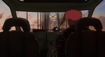 Movie still from “Cowboy Bebop: The Movie” (2001), directed by Yoshiyuki Takei – A person sitting in a car looking out the window at the sunset; Wide shot, Low angle